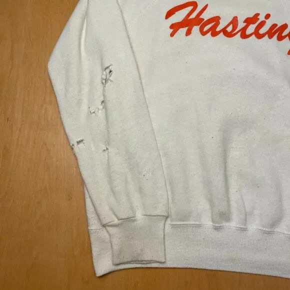 Vintage 50s/60s Hastings College White L/XL Thrashed Long Sleeve Sweatshirt
